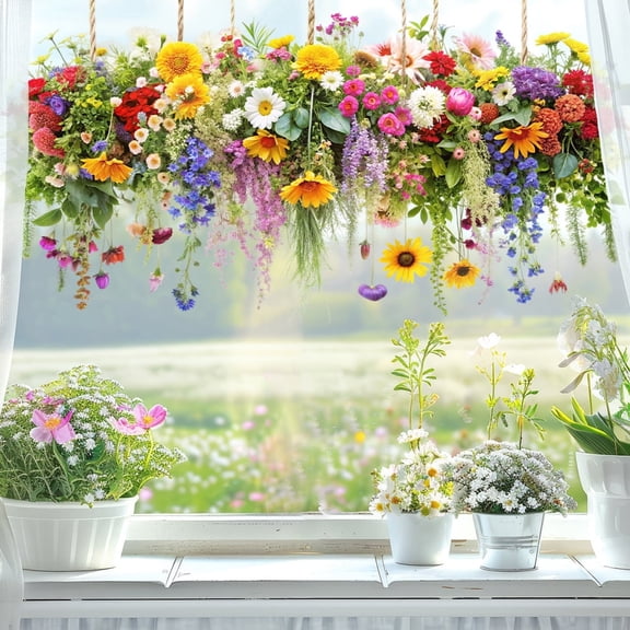 Natural Wildflower Bouquet Floral Window Film, Bright Spring Color Static Decals Stickers for Household Glass Window Decor