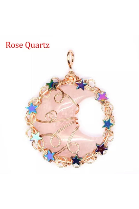 Natural Wire Wrap Crystal Moon Star Pendant Stone Quartz Jewelry Healing Reiki
