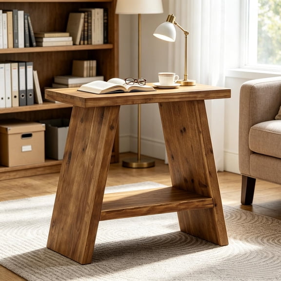 Natural Wood 2-Tier Side Table with Open Lower Shelf, 23.6x11.8 Inch, Trapezoidal Stable Design for Living Room Bedroom Entryway