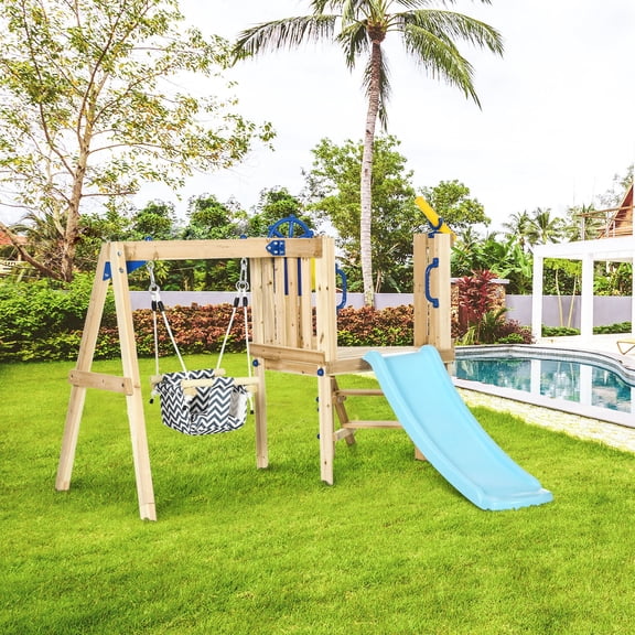 Natural Wood 3 in 1 Wooden Swing Set for Toddlers 1.5-4, Outdoor Playset with Baby Swing, Slide, Captains Wheel, Telescope, Kids Backyard Playground Equipment