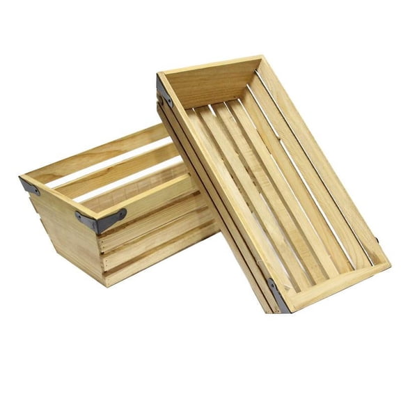 Natural Wood 5" & 3" Tall Rectangle Crate Planter Pot With Metal Corner Design