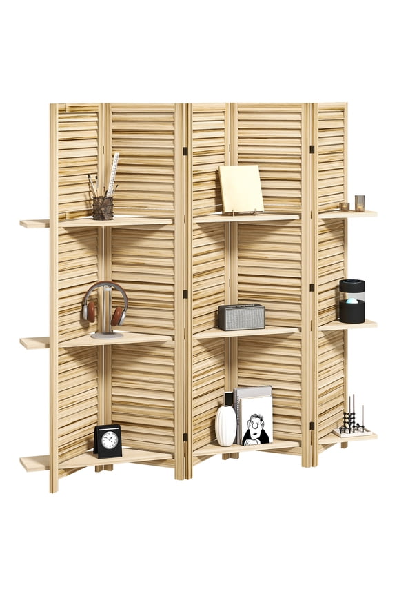 Natural Wood 5-Panel Room Divider with Shelves - Foldable Privacy Screen for Living Room, Bedroom, Office - Solid Paulownia Wood, 78.75" L x 67" H, No Assembly