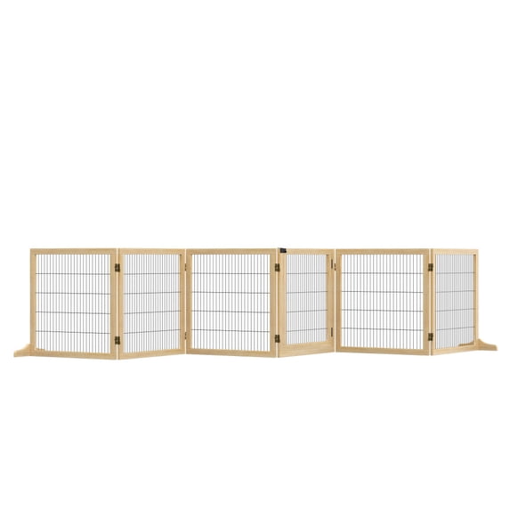 Natural Wood 6-Panel Foldable Freestanding Dog Gate, 170" Wide Safety Barrier