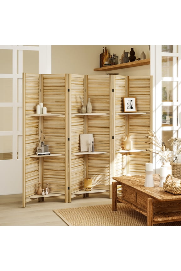 Natural Wood 6-Panel Foldable Room Divider with Shelves - Solid Paulownia Wood Privacy Screen for Home, Office, Patio - 63" L x 67" H, No Assembly