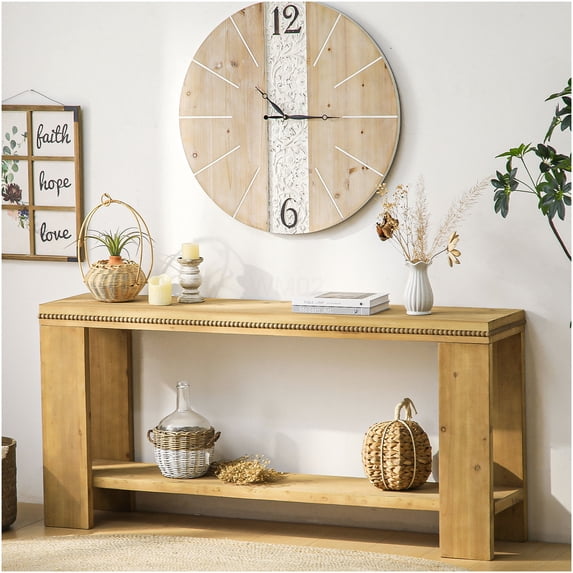 Natural Wood 63 Inch Farmhouse Console Table with Storage Shelf, Beaded Trim Sofa Table for Entryway Foyer Living Room