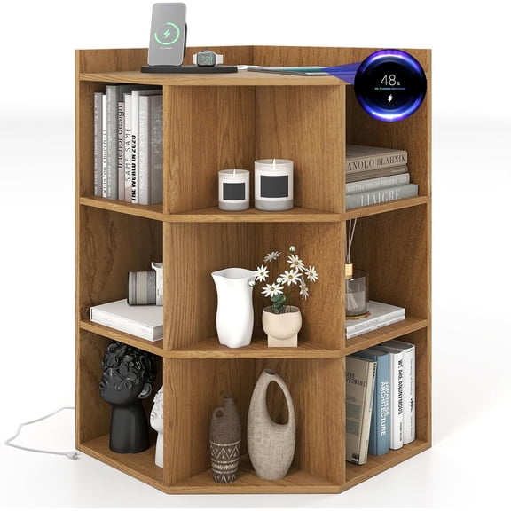 Natural Wood 9-Cube Corner Bookshelf with Charging Station, 2 USB Ports & 4 Outlets for Study