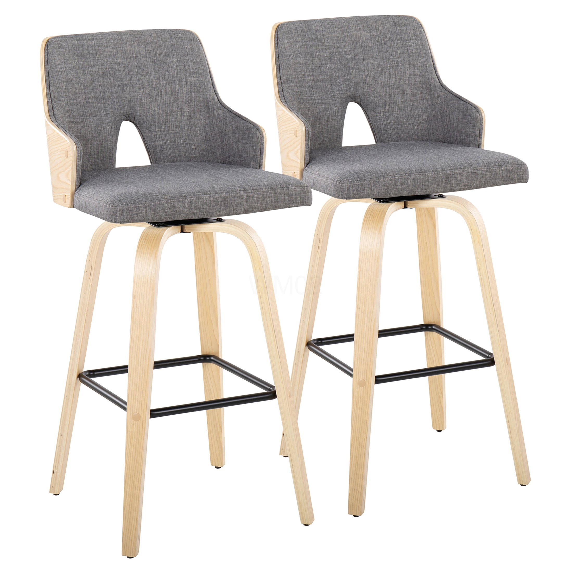 Natural Wood Bar Stools Set of 2 with Swivel, Grey Fabric Upholstered Counter Height Stools with Metal Footrest