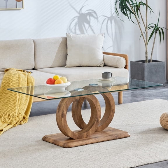 Natural Wood Base Glass Top MDF Coffee Table - Modern Design for Living & Lounge, 47.2*25.6*17.8