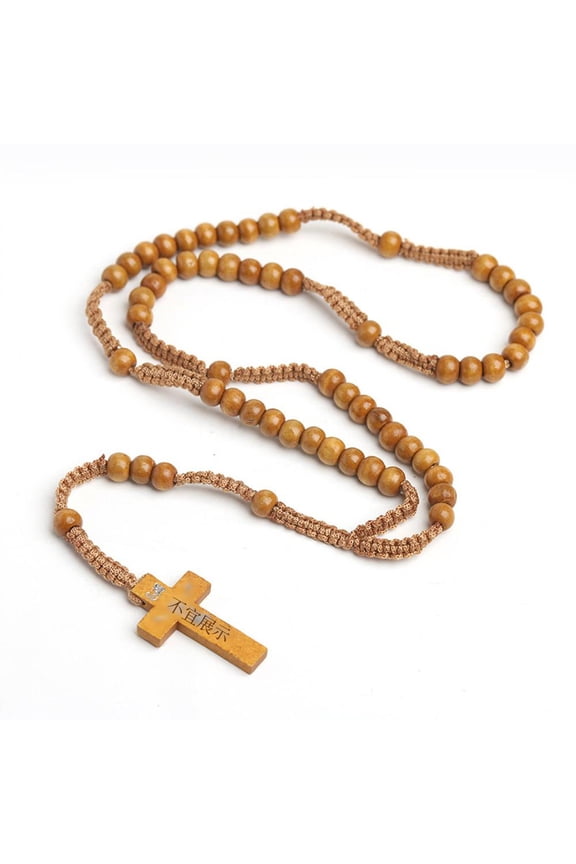 Natural Wood Bead Rosary Necklace Hand-Woven Necklace Jewelry