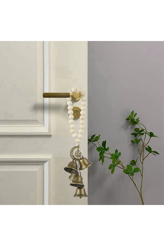 Natural Wood Beads Door Hanging Iron Bell and Alloy Moon Star Sun Charm Tassel for Home Hanging Ornaments Bronze 270-280mm 2pcs/set