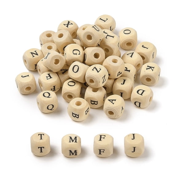 Natural Wood Beads Horizontal Hole Undyed Cube with Alphabet White 12x12x12mm Hole: 4mm 602pcs/500g