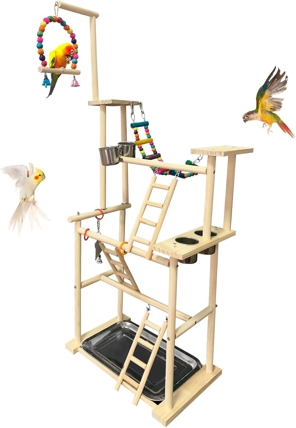 Image showcasing Natural Wood Bird Playground Stand with 4 Large Layers - Exercise Perch ...