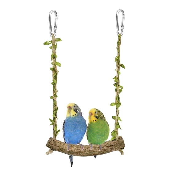 Natural Wood Bird Swing Perch with Decorative Leaves - 7.1" Durable Bird Stand Platform Toy for Cage, Hanging Budgie Parakeet Hammock Accessories for Lovebirds, Cockatiels, Conures