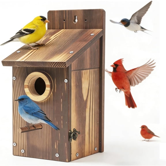 Natural Wood Birdhouse for Outside, Wooden Nesting Box with Circular Entrance Hole and Perch Blue Bird Houses Outdoors Clear View Panel & Predator Guard Robin, Wren, Swallow