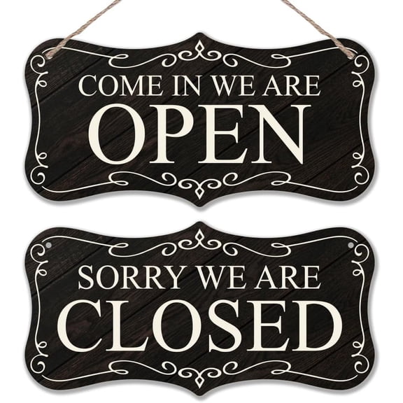 Natural Wood Business Open Closed Double-Sided Hanging Signs with Jute Twine Word 300x150x5mm Hole: 5mm for diy