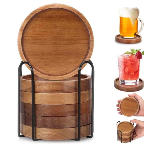 Natural Wood Coasters with Black Metal Stand, coasters kitchen,Elegant Round Drink Trivets for Tea, Coffee, and Glasses, Durable, Heat-Resistant, Ideal for Home, Office 6-Pack Coaster