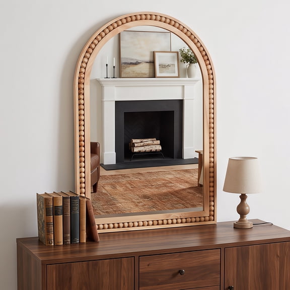 Natural Wood Color 2030 inch Arch Wall Mirror with Beaded Solid Wood Frame, Rustic Farmhouse Decor Mirror for Entryway, Bathroom & Living Room