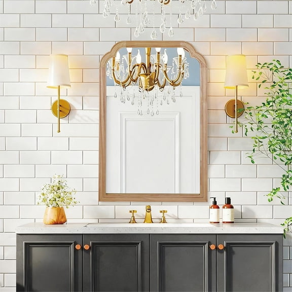 Natural Wood Color 20" x 30" Solid Wood Frame Rounded Corner Decorative Mirror, For Bedroom, Bathroom, Living Room, Entryway