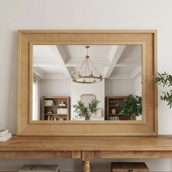 Natural Wood Color 20"x30" Rattan Rectangle Solid Wood Frame Decorative Mirror,For Farmhouse,Bathroom,Home Decor,Entryway