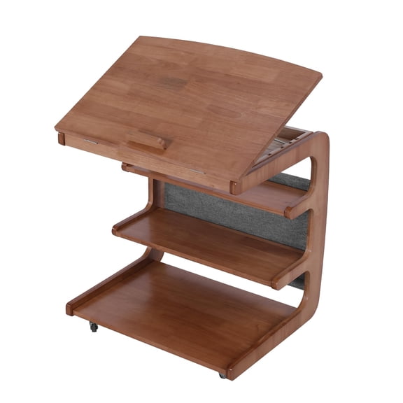Natural Wood Color 60cm Adjustable Rolling Laptop Tray Table With 4-Tier