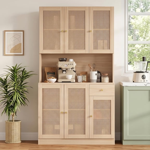 Natural Wood Color Rattan Hutch Cabinet With Drawer And Adjustable Shelves For Kitchen Coffee Bar
