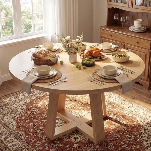 Natural Wood Color Round Dining Table With X-Base Design, Natural Wood