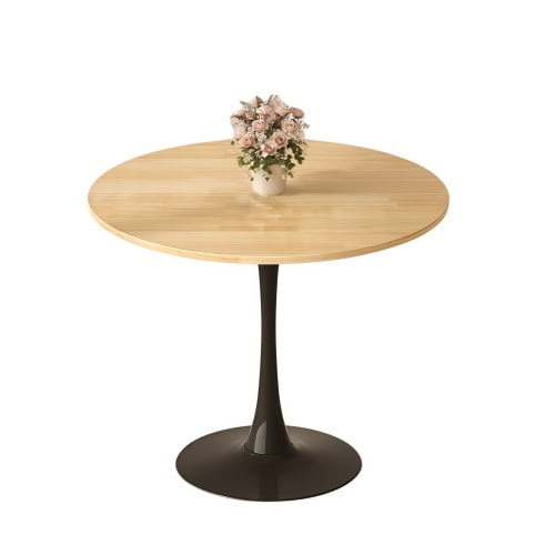 Natural Wood Color Round Table, Modern Dining Table, Mdf Top And Steel Base Tulip Kitchen Table, Mid Century Coffee Table For Living Room 24 Inch