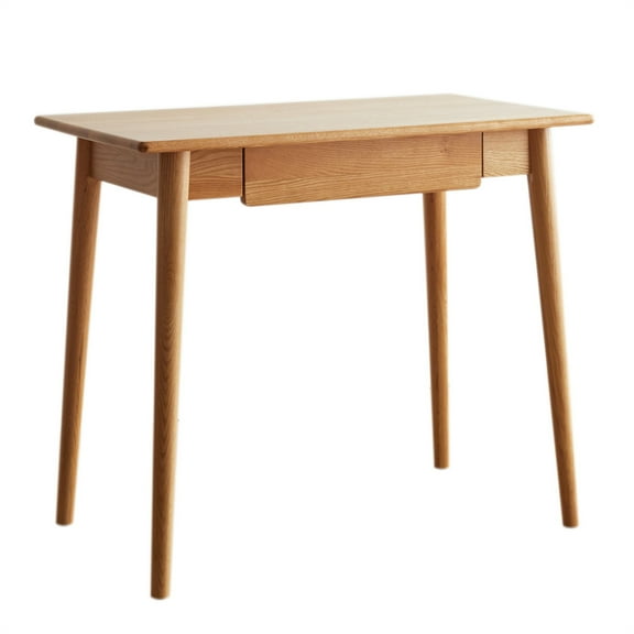 Natural Wood Computer Desk, Study Desk Oak Natural Wood PC Desk with Gentle Cable Hole & Arc Design, Slim Solid Wood Work Desk Dressing Table with Drawer, 39.37''L*19.69''W*29.92‘’H, Oak