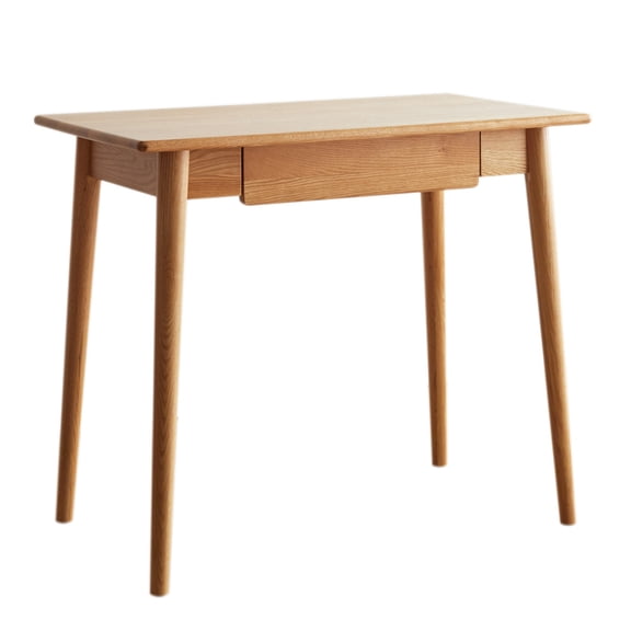 Natural Wood Computer Desk, Study Desk Oak Natural Wood PC Desk with Gentle Cable Hole & Arc Design, Slim Solid Wood Work Desk Dressing Table with Drawer, 31.50''L*19.69''W*29.92''H, Oak