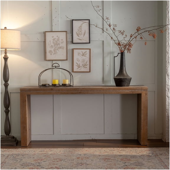Natural Wood Console Table for Living Room, Retro Sofa Table Behind Couch, Narrow Entryway Table with Solid Wood Top