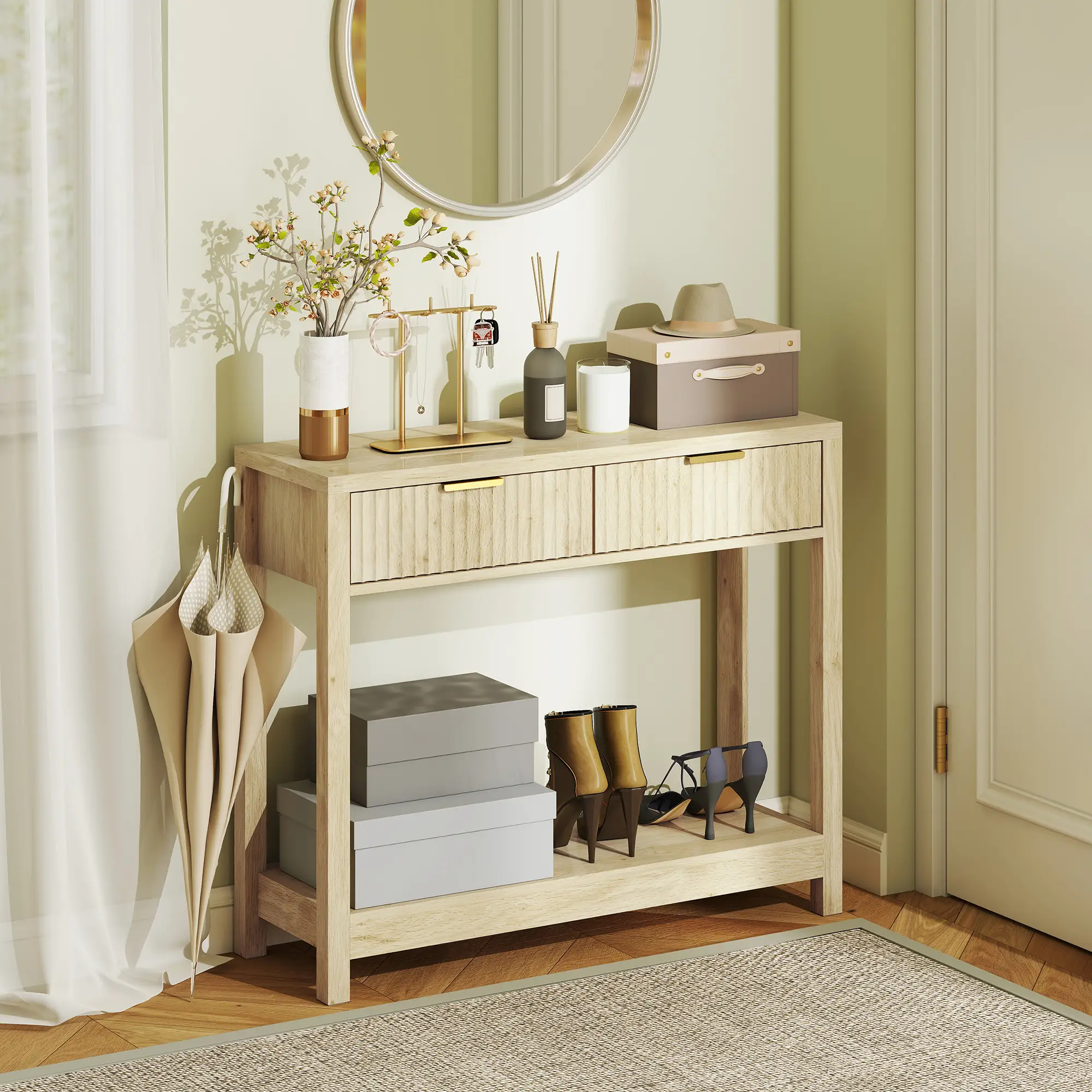 Natural Wood Console Table with 2 Fluted Drawers and Open Shelves, Modern Entryway Table with Anti-Tip Kit for Hallway Living Room Bedroom
