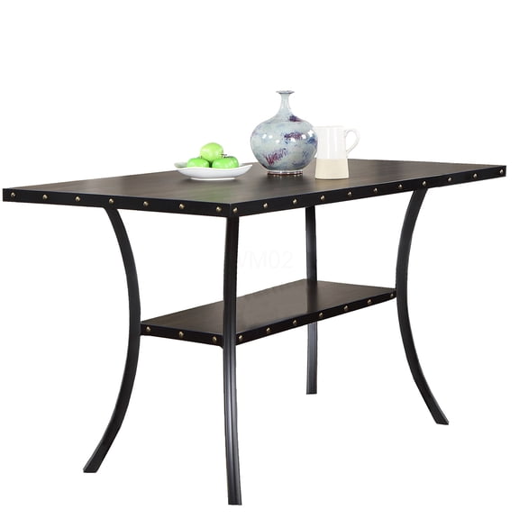 Natural Wood Counter Height Dining Table with Storage Shelf & Nailhead Trim