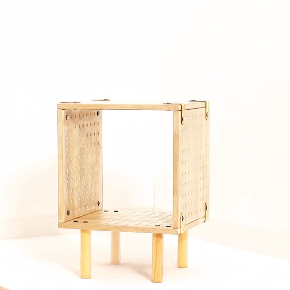 Natural Wood Cube End Table with Pegboard Sides - Modular Bedside Table, Scandi Style Small Coffee Table, Functional Storage Furniture for Nursery & Dorm Room, Easy Assembly