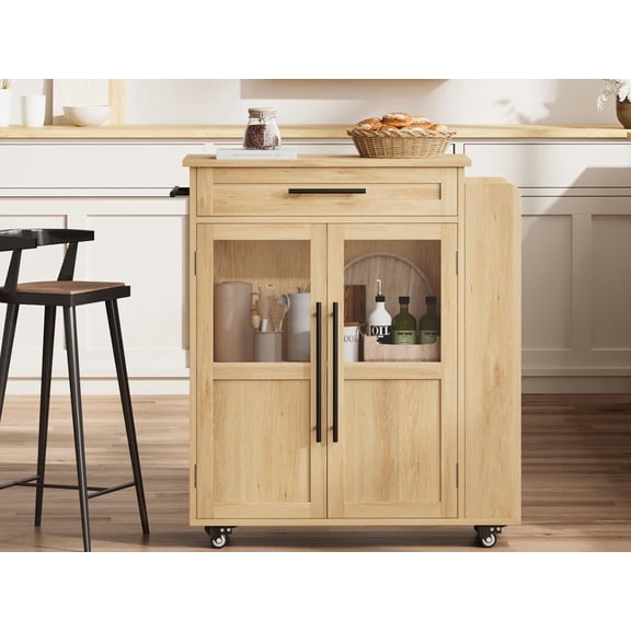 Natural Wood Entryway Storage Cabinet – Kitchen Island Cart with Stainless Steel Top, Glass Door Cabinets, Drawer, Shelves, Spice Rack, Towel Bar – For Dining Room or Small Kitchen Natural wood color