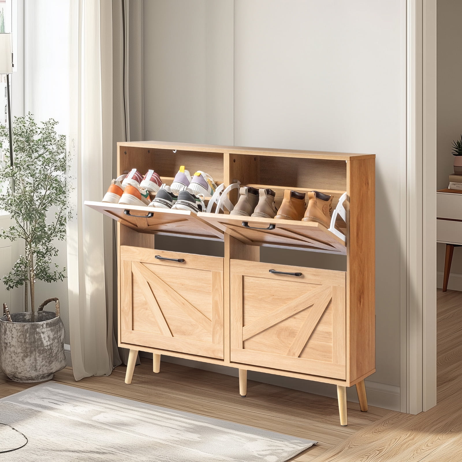 AsterOutdoor Natural Wood Finish Barn Door Flip Top Shoe Cabinet 4 Compartments Textured Relief Surface Triple Amine Laminated Particle Board Solid Wood Legs