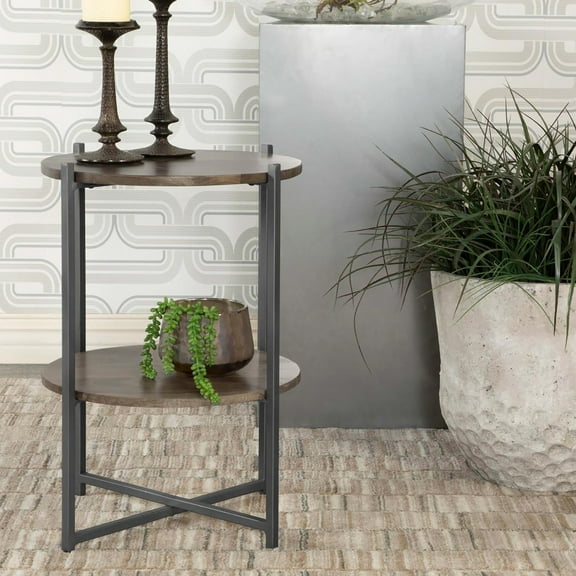 Natural Wood Finish Mango Console Table With Gunmetal Accents And Shelving End Metal Frame Additional Shelf For Storage