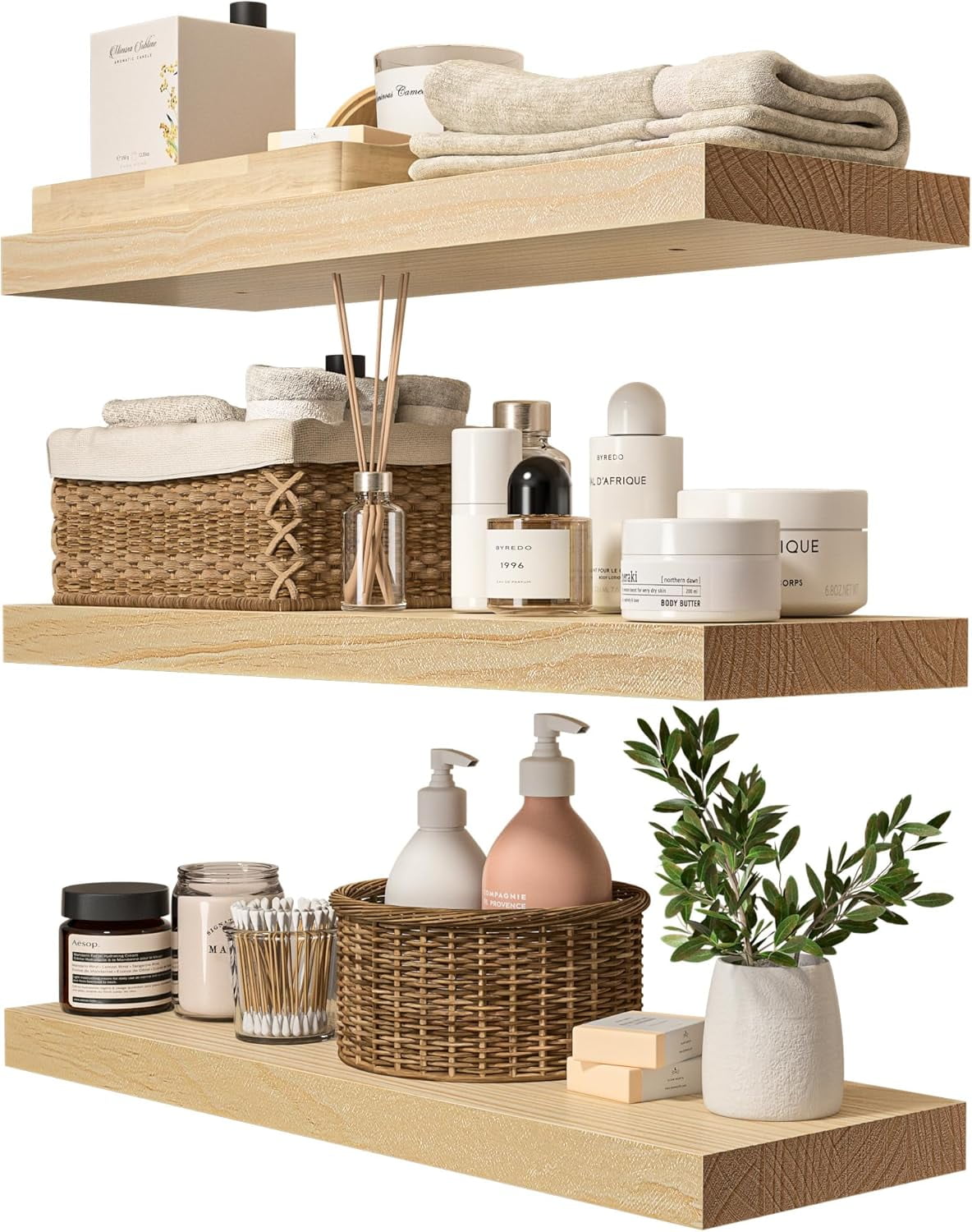 Natural Wood Floating Shelves Set of 3, Wide and Thick Rustic Wooded Wall Shelf 24 inch, Floating Shelf Wall Mounted for Living Room Bedroom Bathroom Kitchen - DIY Unfinished - 24D x 6.7W inch