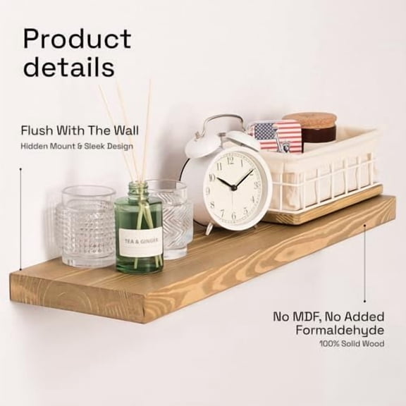 Natural Wood Floating Shelves for Wall 24 inch - Floating Wall Shelves for Kitchen Bedroom - Wooden Bathroom Shelves - Oak Floating Shelf - 24 x 6.7 Inch, Set of 2