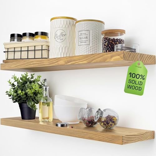Natural Wood Floating Shelves for Wall 30 Inches Long, Solid Wooden Shelf Large, Bathroom Shelves for Room Wall Mounted Kitchen Farmhouse, Oak Floating Shelf, 30W × 6.7D, Set of 2