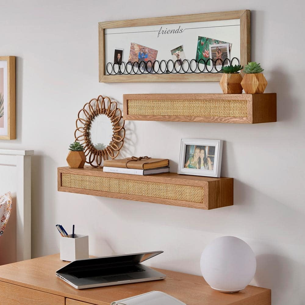 Natural Wood Floating Wall Shelves with Rattan Caning Detail