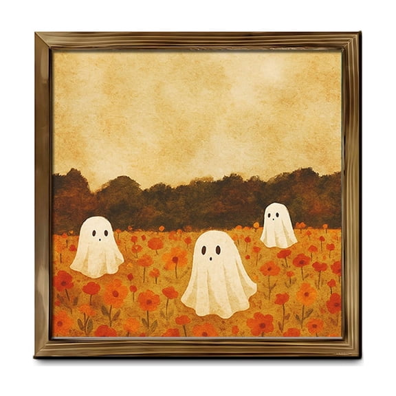 Natural Wood Framed Cute Ghost Halloween Wall Art Print, Spooky Ghost Illustration Wooden Decor Picture for Bedroom Living Room Fall Holiday Display