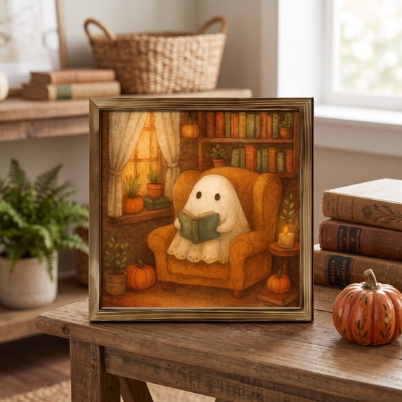 Natural Wood Framed Cute Ghost Reading Book Halloween Wall Art Print 20x20cm Vintage Spooky Pumpkin Illustration Wall Hanging Decor For Bedroom Living Room Holiday Tabletop Picture