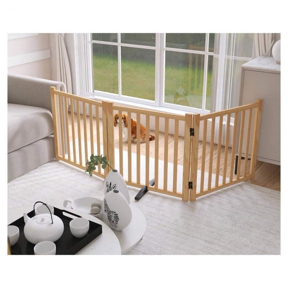 Natural Wood Freestanding Dog Gate - Cross Design Indoor Pet Fence with Fixed Feet, Links & Anti-Slip Pads for Doors & Stairs