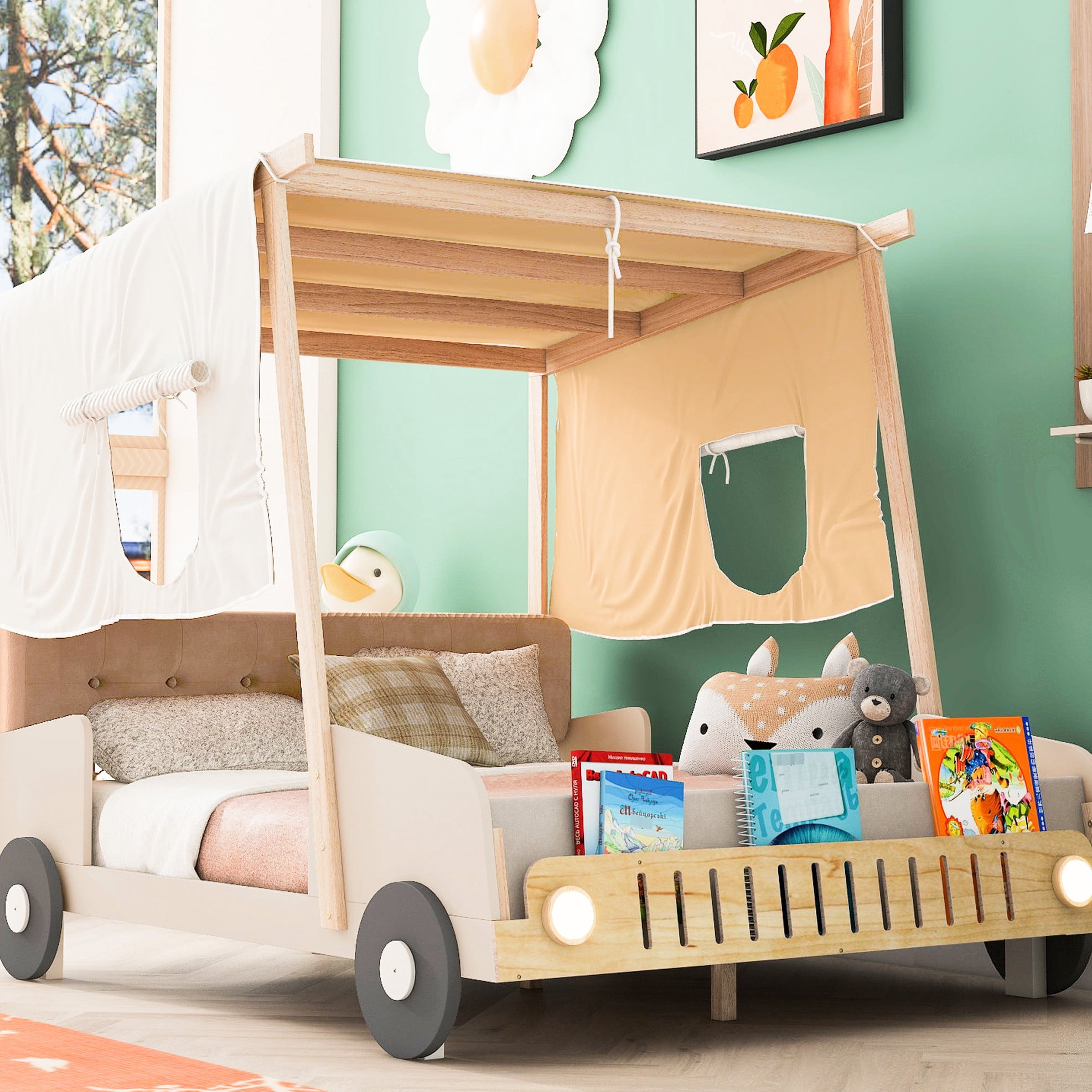 Natural Wood Full Bed With Car Shape Led, Pillow & Magazine Slot Comfort Pillow, Flannel Cloth Led