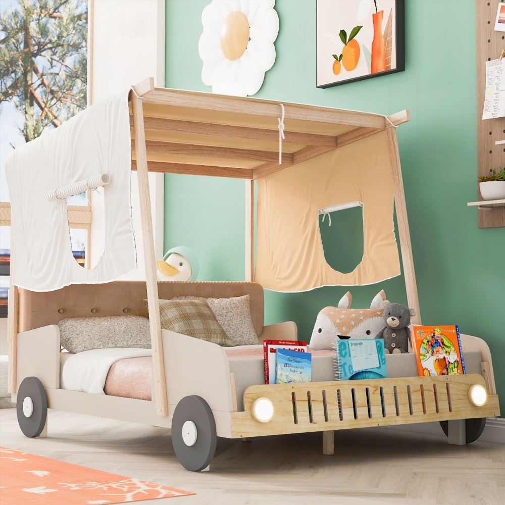 Natural Wood Full Size Car Bed featuring Playful Design & Comfortable Pillow