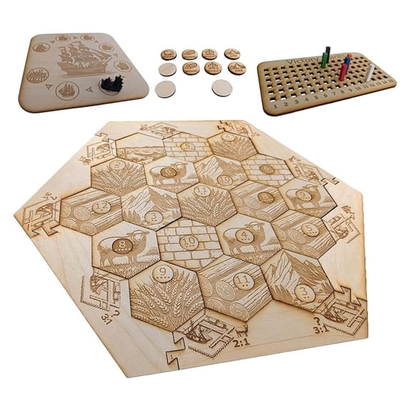 Natural Wood Game Tiles for use with Settlers of . 2-4 Players. (Board w/Accessories Bundle)