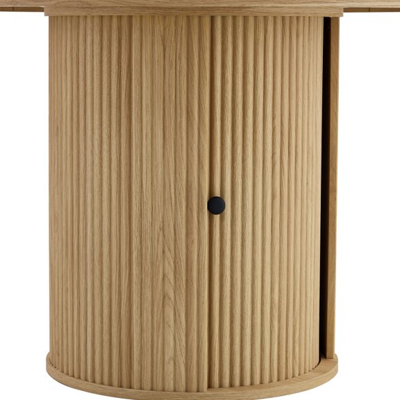 Natural Wood Grain MDF Cylindrical Storage Table Base with Double Sliding Doors, Freestanding Cabinet Table Leg Support for Round Dining Table, Living Room Home Furniture