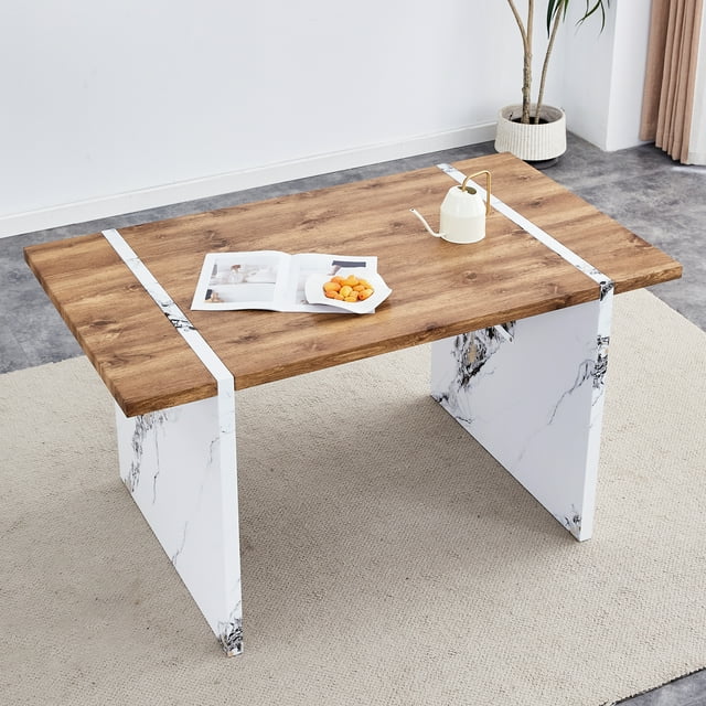 Natural Wood Grain MDF Dining Table - 55"x31.5" Stable Design.Suitable For Various Modern Home Decor Styles.Splicing structure design,Wood Textured Desktop,White Marble Patterned Table Legs.97253
