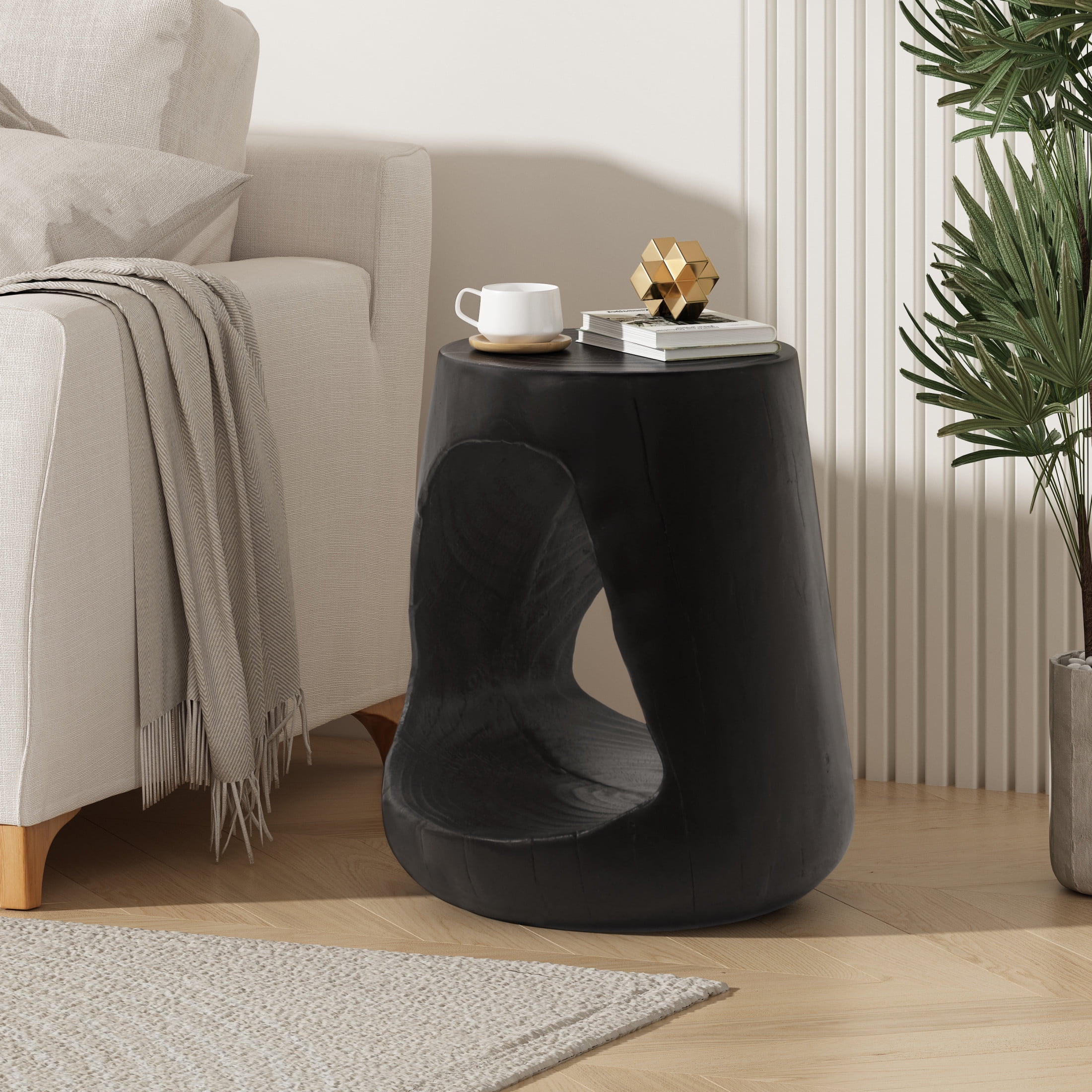 Christopher Knight Home 16.7" Natural Wood Grain Round Hollow MGO Outdoor Side Table with Wide Base, Black