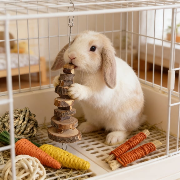 Natural Wood & Grass Chew Toy Set for Rabbits, Guinea Pigs & Hamsters – Hanging Carrot, Apple Wood Stack & Woven Ball (Multi-Shape, Teeth Grinding & Enrichment)